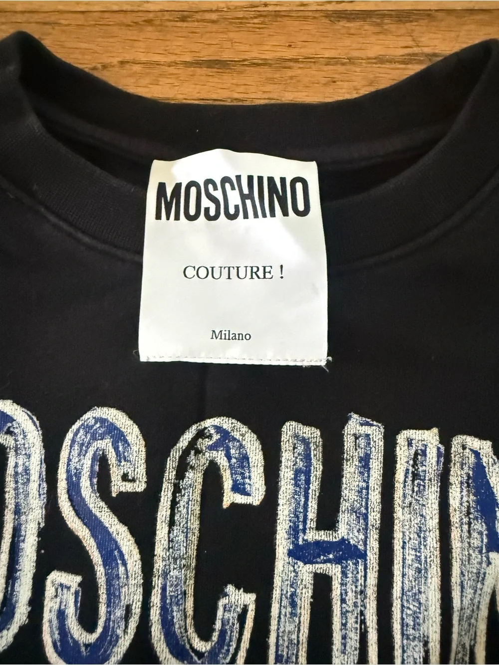 Moschino Milano Black Crewneck Sweatshirt with Blue and White Logo